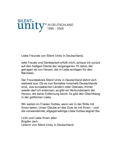 Grußwort Brigitte Jach, Silent Unity in Deutschland