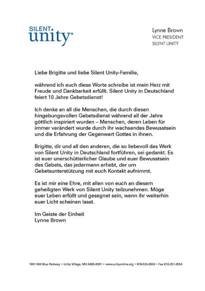 Grußwort Lynne Brown, Silent Unity USA